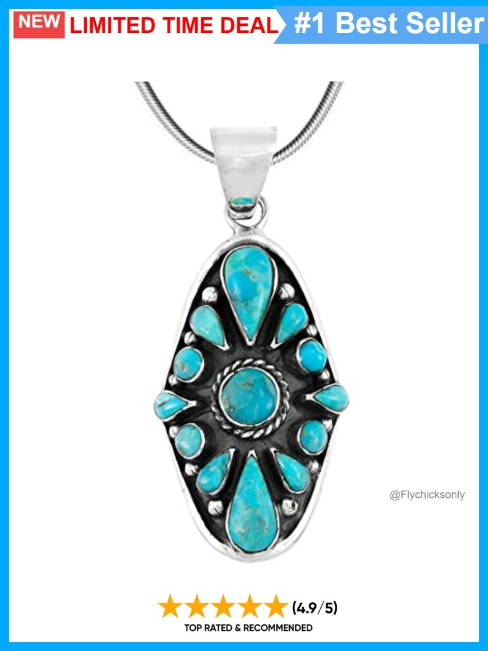 Sterling Silver Turquoise Pendant Necklace with 20" Stainless Steel Snake Chain